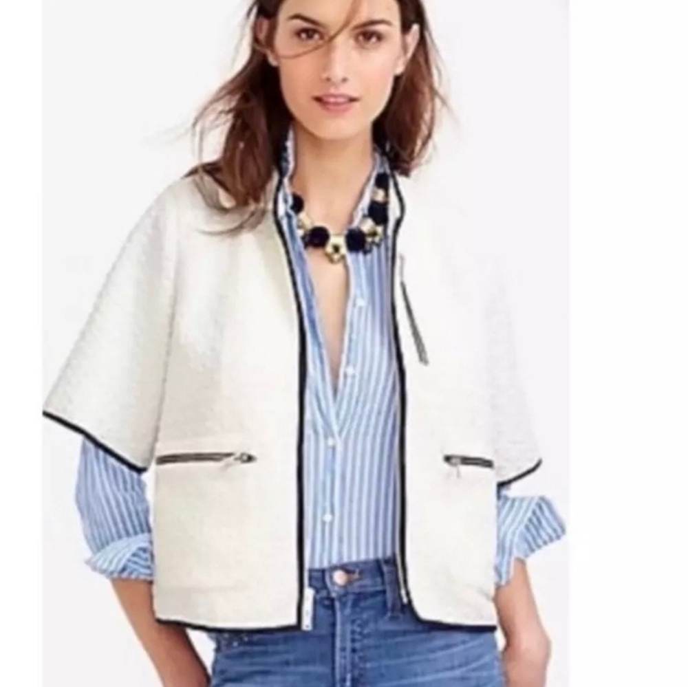 J. Crew Cropped Matelasse Short Sleeve Textured Jacket in white with Navy Trim
